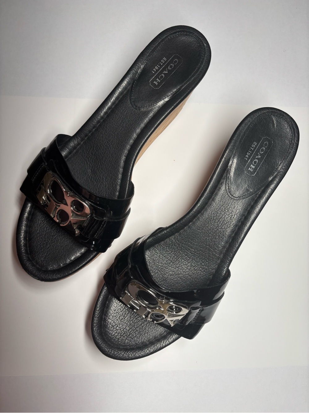 Coach Black Patent Slide Sandals with Silver Logo Accent